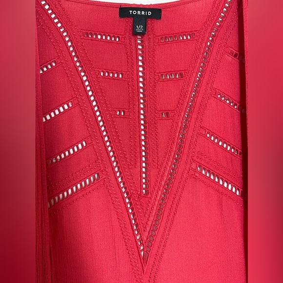 Torrid Kimono Red Crinkled Gauze Crochet Inset Women’s Plus Size Size 1/2 - Picture 6 of 10